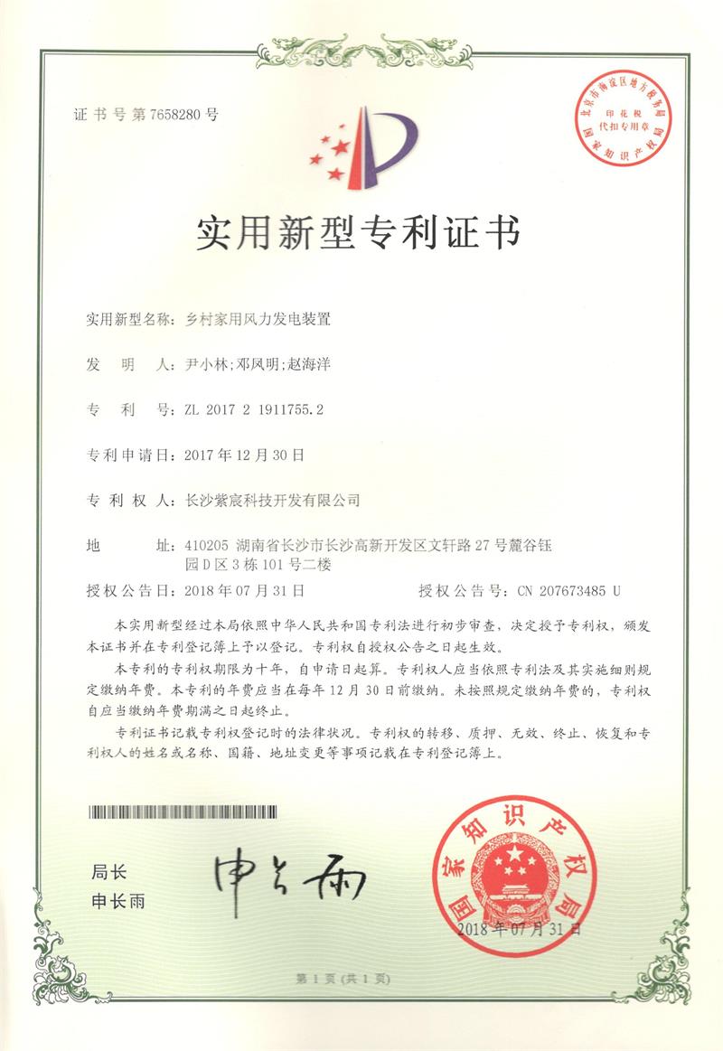 鄉(xiāng)村(cūn)家(jiā)用(yòng)風(fēng)力發電(diàn)裝置（ZL201721911755.2）