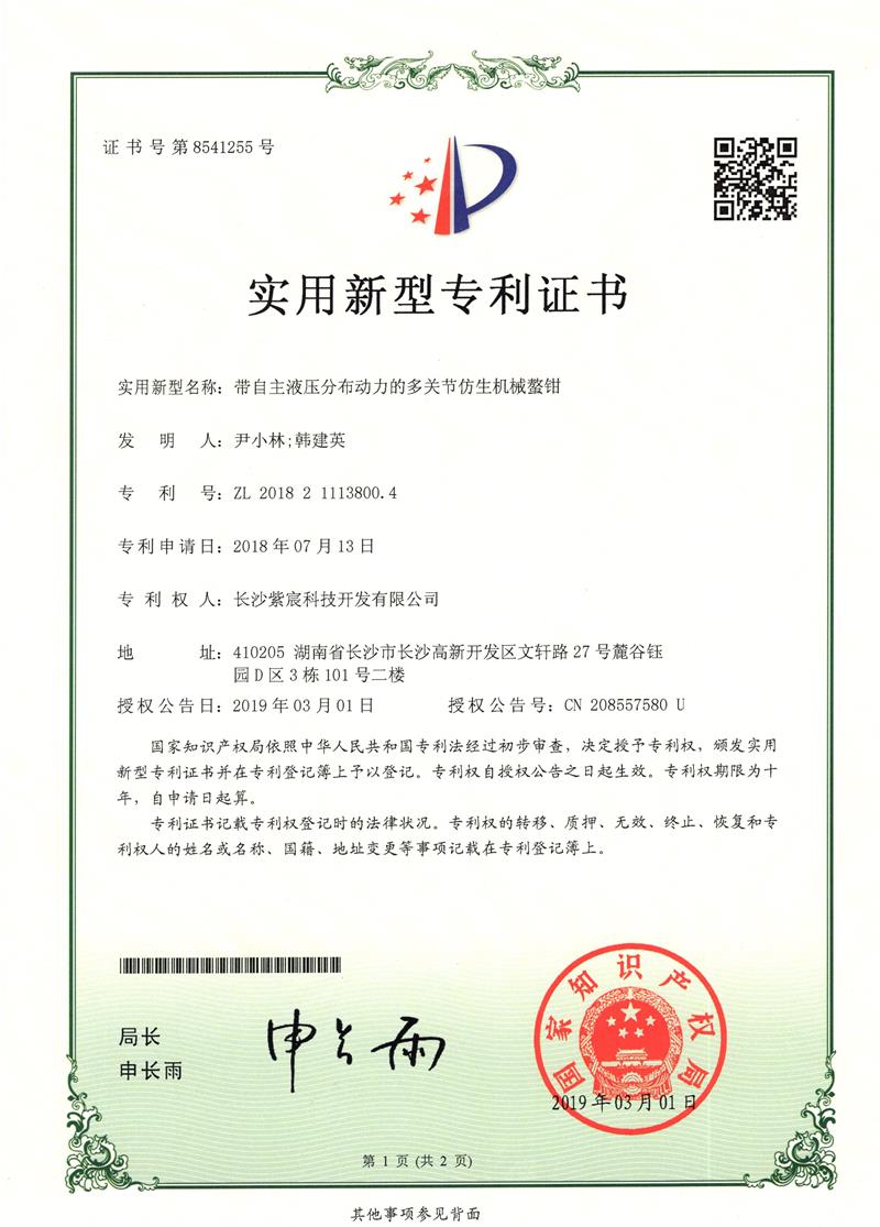 帶自(zì)主液壓分(fēn)布動力的(de)多(duō)關節的(de)仿生(shēng)機(jī)械鳌鉗（ZL201821113800.4）